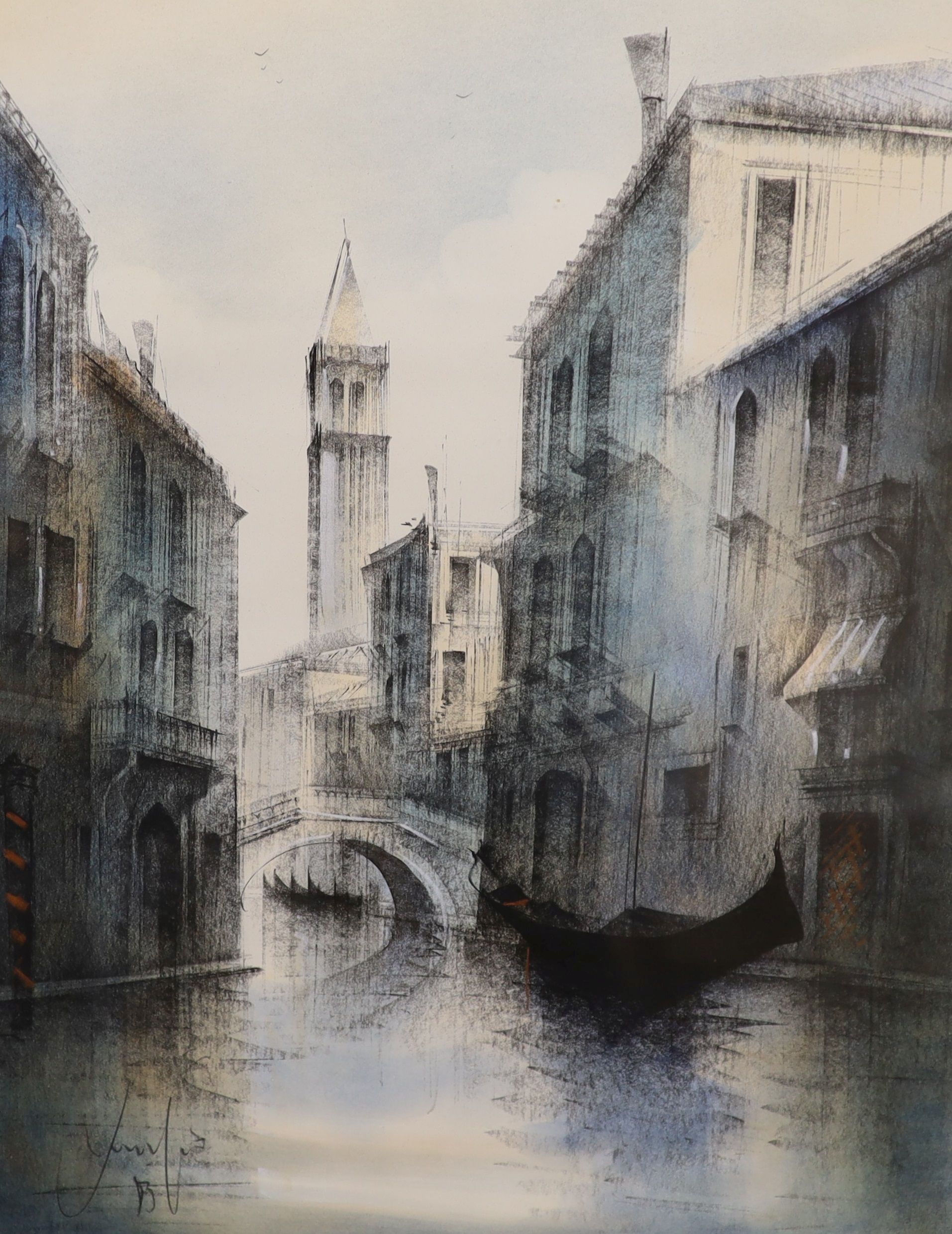 Albert Delia (Maltese, 1934-) oil on canvas, Valetta harbour, signed, 35 x 45cm and two views of Venice by other hands.